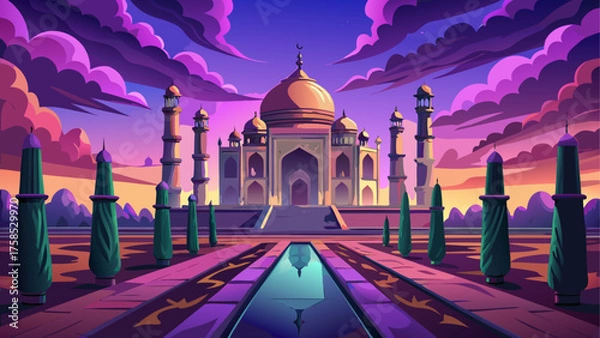 Fototapeta Taj mahal at sunset with purple clouds