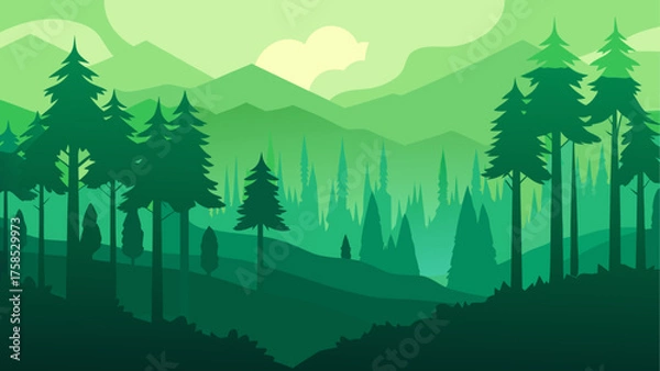 Fototapeta Green forest landscape with mountain range
