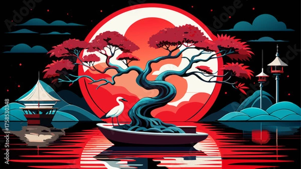 Fototapeta Bonsai tree and heron in a tranquil scene