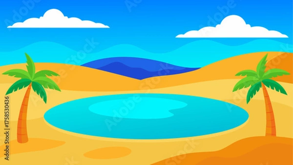 Fototapeta Oasis scene with palms and water body