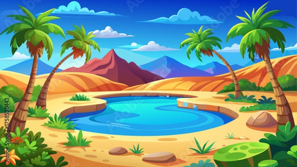 Fototapeta Cartoon oasis with palm trees and mountains