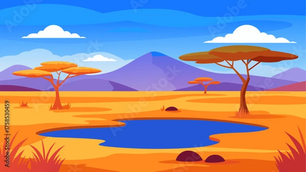 Fototapeta A savanna landscape with a watering hole