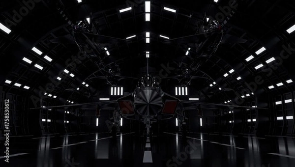Obraz Futuristic Starfighter Jet in a Dark Hangar Bay.