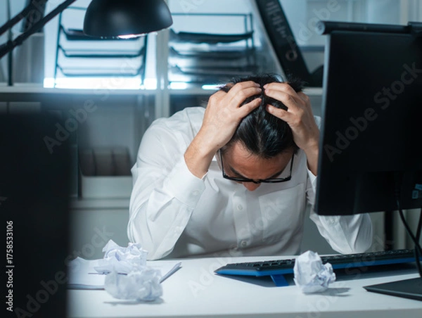 Fototapeta Overwhelmed Asian Businessman Suffering from stress and headache at desk late at night, feeling frustrated with workload and deadline. Asian Male Business manager dealing with business crisis and fail