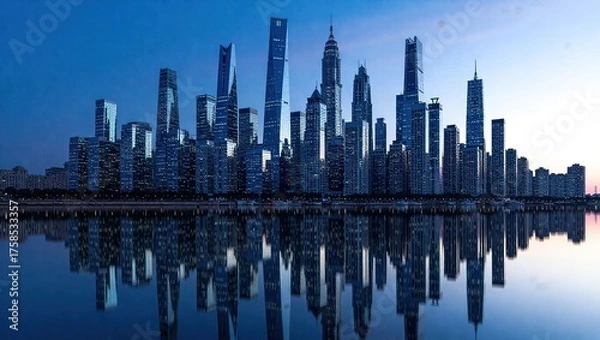 Fototapeta Modern City Skyline Reflected in Water at Twilight.