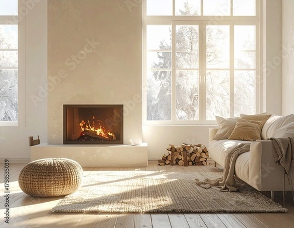 Fototapeta Cozy minimalist living room interior with warm fireplace and sunlight through frosted windows