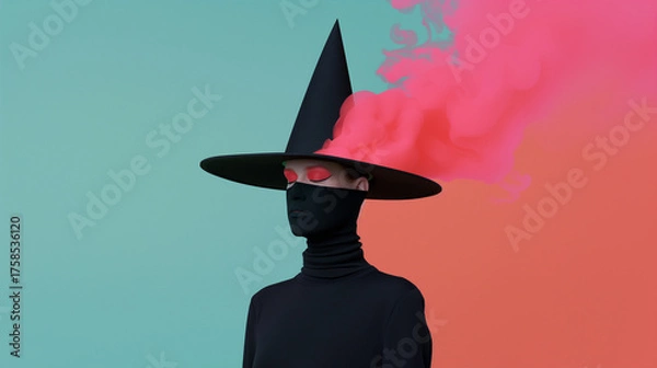Obraz Minimalist surreal witch fashion portrait with smoke and bold colors – perfect for Halloween campaigns, posters, digital ads, and creative branding