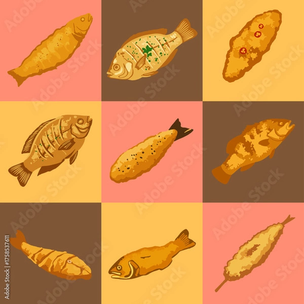 Fototapeta set illustration vector graphic of fried fish