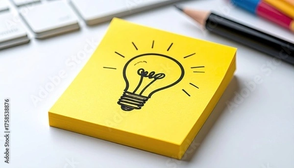 Fototapeta Yellow Sticky Note With A Hand Drawn Light Bulb Idea Symbol On A White Desk With A Pencil And Keyboard