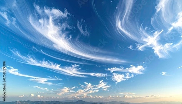 Fototapeta Wispy Cirrus Clouds Streaking Across a Vibrant Blue Sky During Daytime Over a Distant Cityscape