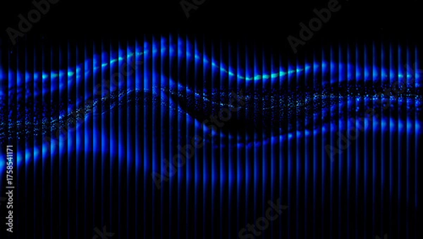 Fototapeta Abstract blue light pattern with vertical lines and wavy shapes on a black background design art 3d illustration, 3d abstract background