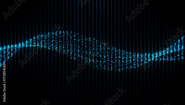Fototapeta Abstract blue wave of particles behind vertical lines on a black background creates a modern design 3d illustration, 3d abstract background