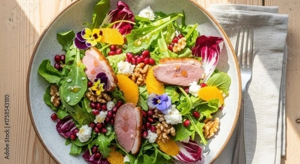 Fototapeta Gourmet duck salad with oranges pomegranate and walnuts isolated on white background