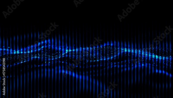 Fototapeta Abstract blue light wave pattern with vertical lines on a black background creating a digital effect 3d illustration, 3d abstract background