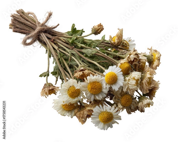 Fototapeta Rustic dried daisy bouquet of withered chamomile flowers tied with natural twine. vintage and nostalgic feeling from fragile beauty of preserved memory