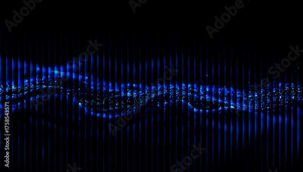 Fototapeta Abstract blue light pattern with vertical lines and wave like forms on a black background 3d illustration, 3d abstract background