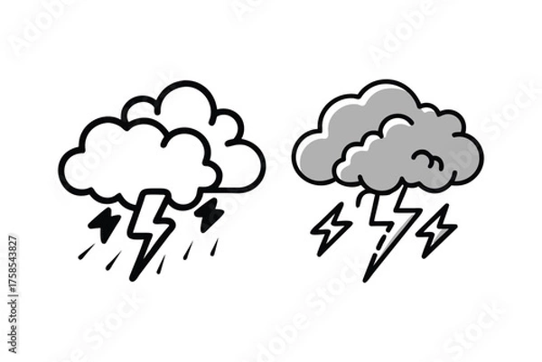 Fototapeta Two cloud icons depicting a thunderstorm with lightning bolts shown