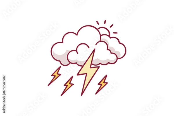 Fototapeta A simple illustration of stormy weather with lightning and fluffy clouds