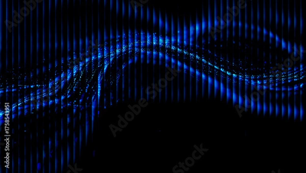 Fototapeta Abstract blue light pattern with vertical lines and wavy effect on a dark black background space 3d illustration, 3d abstract background