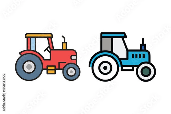 Fototapeta Two colorful farm tractors depicted in a simple flat line art style