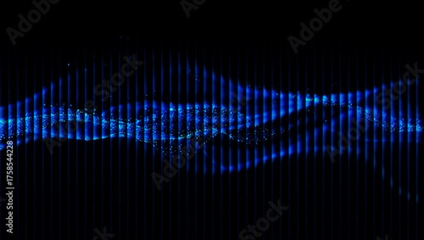 Fototapeta Abstract blue light wave pattern with vertical lines on a black background creating an artistic effect 3d illustration, 3d abstract background