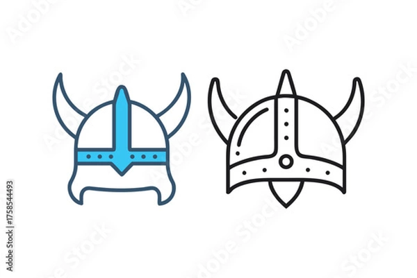 Fototapeta Two viking helmets one colored and one outlined are displayed