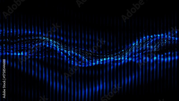 Fototapeta Abstract blue light pattern with vertical lines and a wavy stream of particles in the dark 3d illustration, 3d abstract background