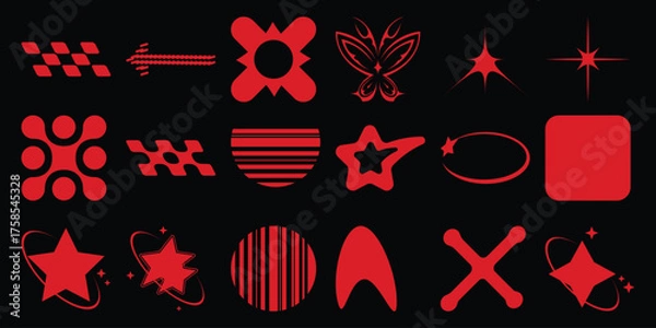 Obraz Collection of Red Abstract Geometric and Organic Shapes on Black Background