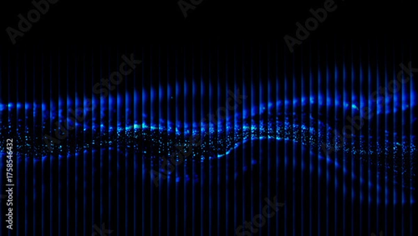 Fototapeta Abstract blue light patterns with vertical lines and a wave of particles in a dark background 3d illustration, 3d abstract background