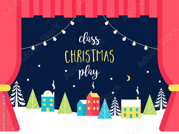 Obraz School or Theatre Stage Decorations for Christmas or New Year Play. Snowy Winter Wonderland and Lights Garlands. Class Play Sign. Vector Illustration