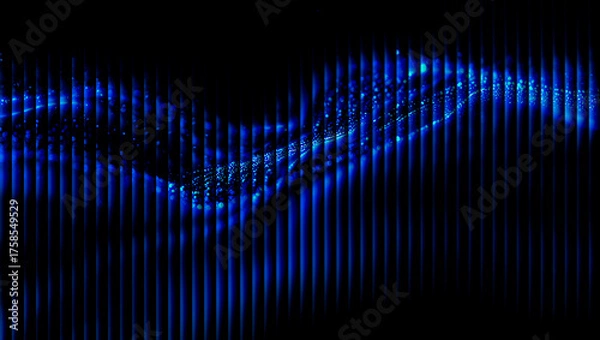 Fototapeta Abstract blue light pattern with vertical lines and a wave like shape on a dark background design art 3d illustration, 3d abstract background