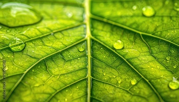 Fototapeta Macro Close Up Of A Vibrant Green Leaf Surface Covered In Dew Drops And Tiny Water Droplets Reflecting Light On A Sunny Day
