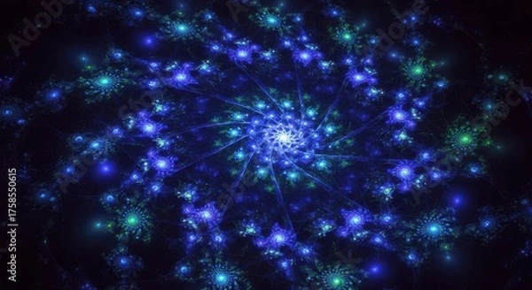 Fototapeta Abstract blue and teal fractal spiral with glowing lights isolated on white background