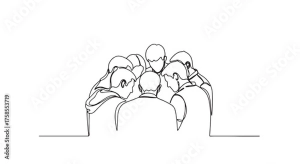 Obraz Team of people in huddle continuous line drawing vector illustration for teamwork and collaboration