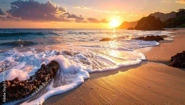 Fototapeta Scenic Beach Sunset with Golden Light Reflecting on Wet Sand and Gentle Waves Rolling Ashore