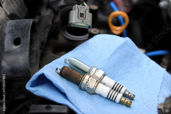 Fototapeta 自動車の新品のスパークプラグと使用したスパークプラグ