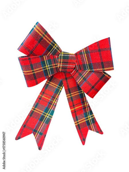 Obraz Large, festive tartan plaid bow with trailing ends, featuring red, green, blue, and yellow patterns. Perfectly isolated on transparent for Christmas and holiday concepts