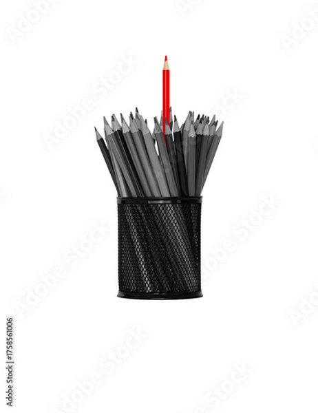Obraz Black mesh cup filled with gray pencils, featuring one striking red pencil standing above the rest. Isolated on transparent for concepts of leadership and standing out