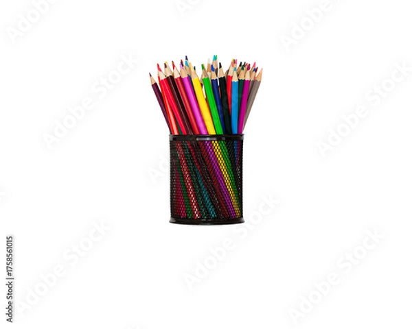 Obraz A black mesh cup filled with a vibrant collection of colored pencils. Perfectly isolated on a transparent background with reflection, ideal for art, education, or office concepts