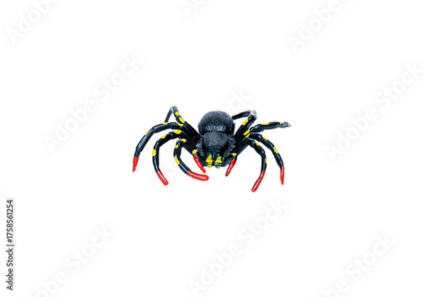 Obraz A menacing black toy spider with yellow spots and red tips, posed from a low, forward angle. Isolated on a transparent background for Halloween, prank, or fear concepts