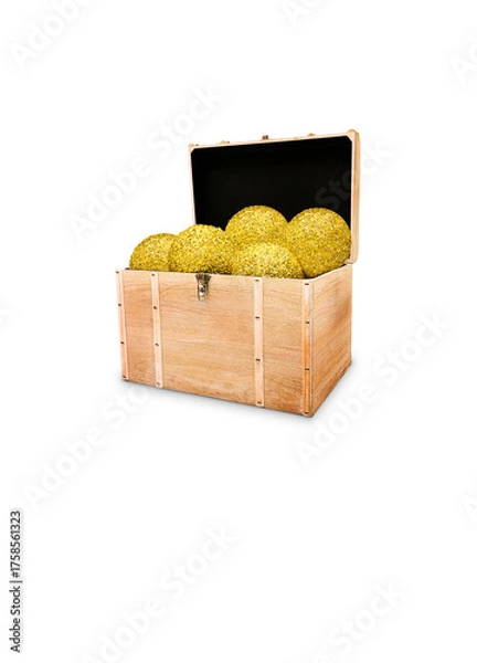 Obraz An open wooden treasure chest filled with shiny, gold glitter balls, resting on a reflective surface. Perfectly isolated on transparent for wealth, holiday gifts, or prize concepts