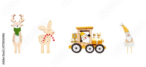Obraz A horizontal set of four wooden Christmas decorations—two reindeer and two Santa figures—including a train. Perfectly isolated on a transparent background for holiday or craft concepts