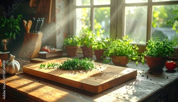 Fototapeta Sunlight Streams Through a Rustic Kitchen Window Illuminating Fresh Herbs on a Wooden Cutting Board Detailed Close Up Natural Lighting Creates a Warm Inviting Atmosphere Filled With Life