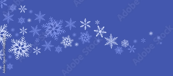 Fototapeta Vector cartoon illustration of a flowing wave made of snowflakes on a deep blue background. Background for elegant winter, holiday and Christmas themed designs or festive greeting card