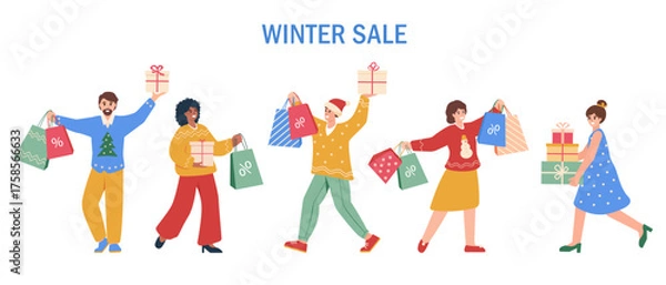 Obraz Christmas Winter Sale. Set of people with gifts and shopping bags. Men and women buying at discount on sale. Flat characters vector illustration isolated on white background.
