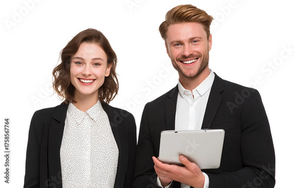 Fototapeta two business people smiling and holding a tablet, isolated on a transparent background 
