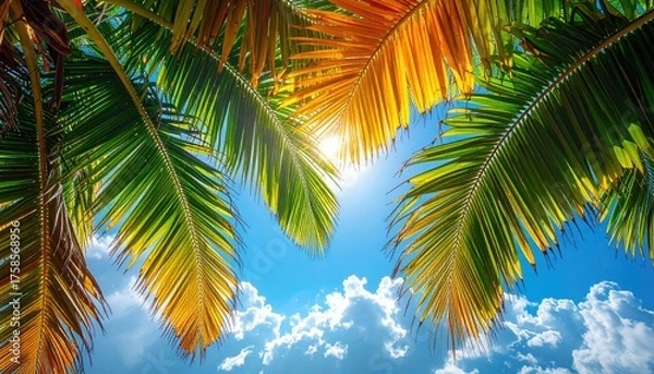 Fototapeta Vibrant Palm Fronds Against a Bright Blue Sky with Golden Sunrays and Wispy Clouds Below a Tropical Paradise