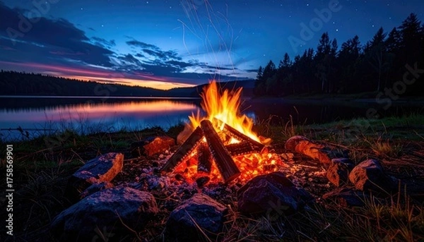 Fototapeta Warm Campfire Glow Illuminates Rocky Shoreline at Dusk with Rippling Water and Forest Silhouette Under Starry Sky