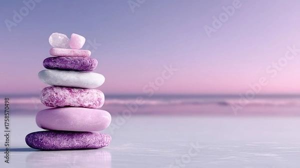 Fototapeta Zen Stones Tower in Purple Hues on Sandy Beach at Sunset Serene Spa Balance Theme