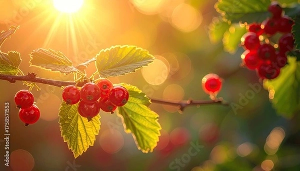 Fototapeta Sunlight filters through lush green leaves illuminating vibrant red berries on a delicate branch with a soft golden bokeh background creating a warm inviting atmosphere